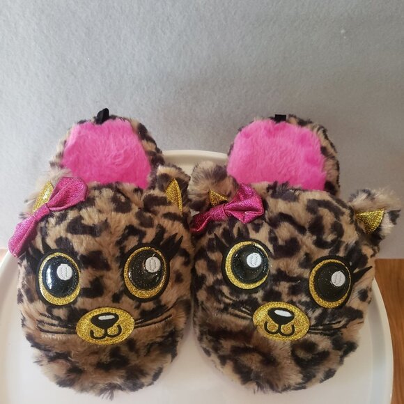Unknown Other - Kids Girls Furry Leopard Print Cat Slippers Pink Lining Size M 13 1 Bow Detail